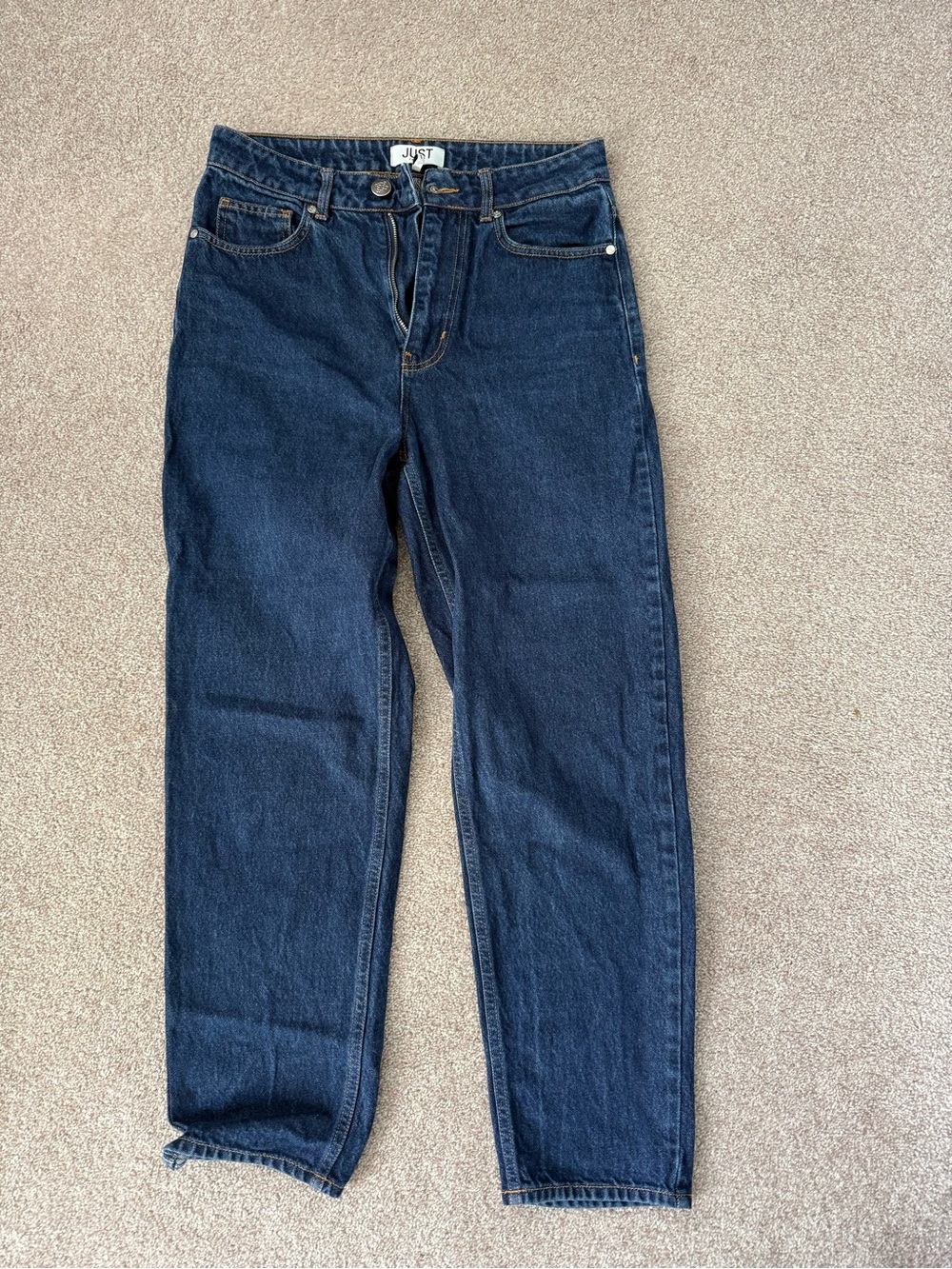 Just Female blue denim jeans with orange topstitch
